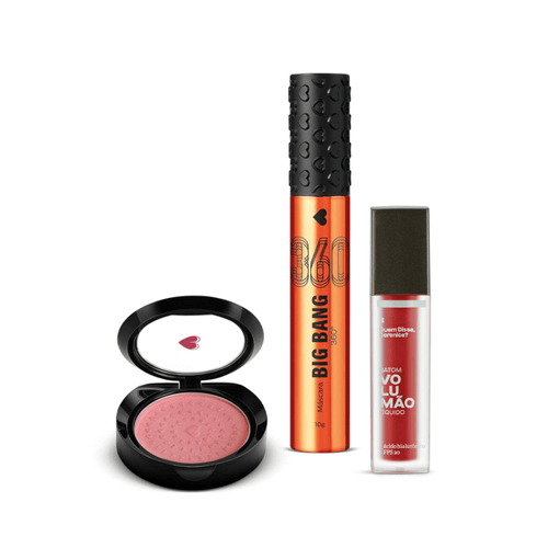 Imagem do produto Combo Make Dos Sonhos: Máscara De Cílios Big Bang 360 + Blush Compacto Rosita + Batom Líquido Volumão Morangoli Quem Disse Berenice