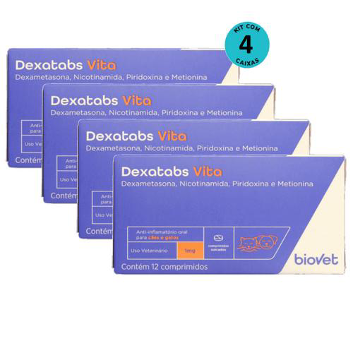 Dexatabs Vita Para Cães E Gatos 1Mg Com 12 Comp. Kit C/ 4 Cx