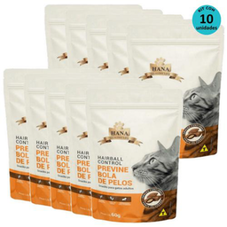 Kit 10 Snacks Hana Healthy Life Hairball Control P/ Gatos Adultos 60G