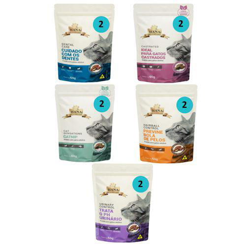 Kit 2 Snacks Hana Life Dental + 2 Hairball + 2 Sensations + 2 Castrated + 2 Urinary Control