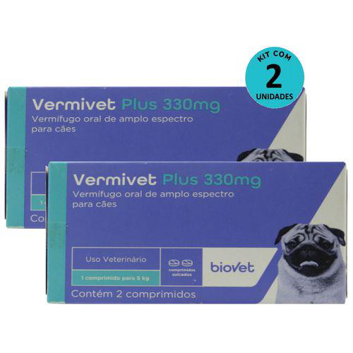 Kit 2 Vermífugo Vermivet Plus 330Mg C/ 2 Comprimidos P/ Cães Biovet