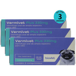 Kit 3 Vermífugo Vermivet Plus 330Mg C/ 2 Comprimidos P/ Cães Biovet