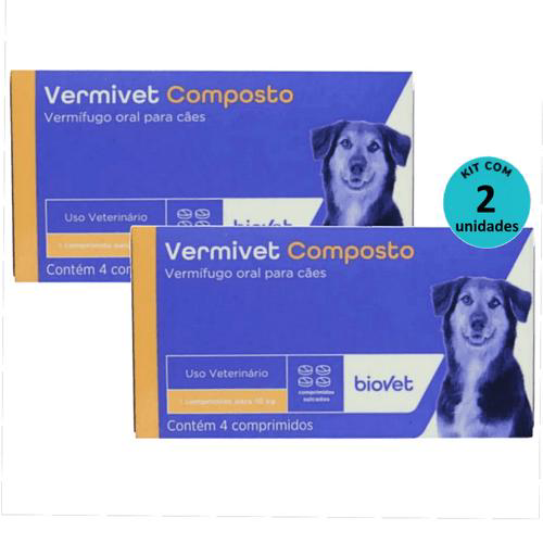 Kit Vermífugo Vermivet Composto Biovet 600Mg C/ 4 Comprimidos C/ 2 Unidades