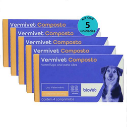 Kit Vermífugo Vermivet Composto Biovet 600Mg C/ 4 Comprimidos C/ 5 Unidades