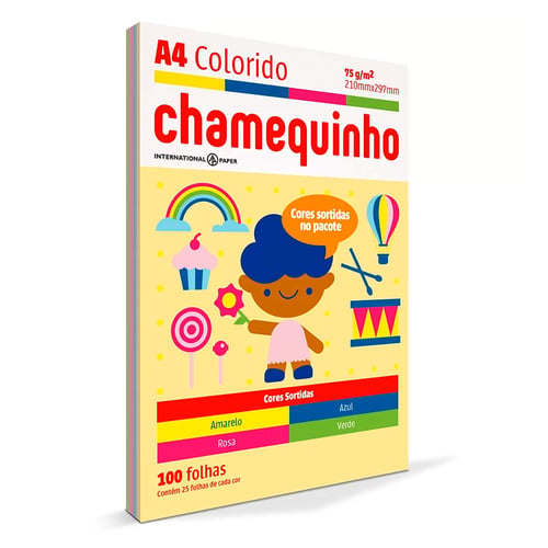 Imagem do produto Papel Chamequinho A4 Colorido 210Mm X 297Mm Cores Sortidas Com 100 Folhas