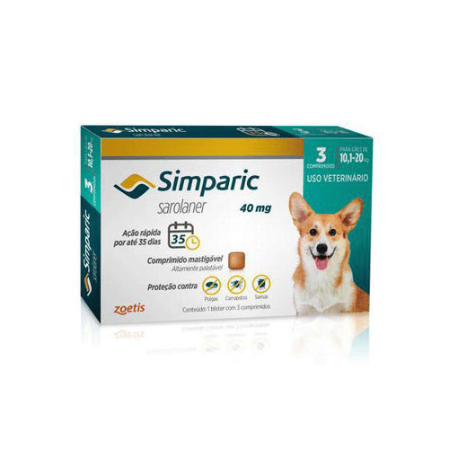 Simparic Antipulgas Para Cães De 10,1 A 20Kg 40Mg Cx Com 3 Compr