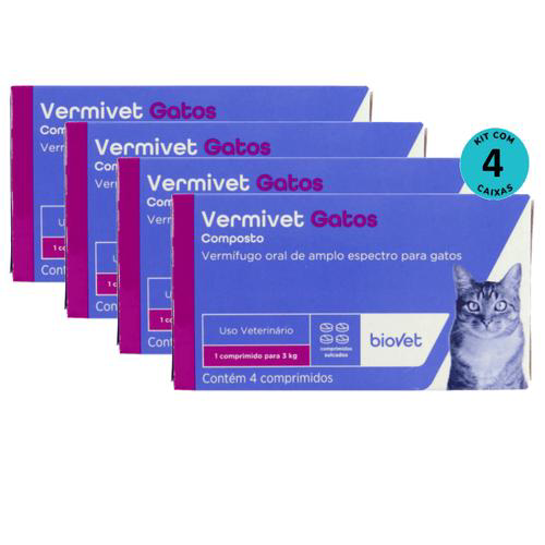 Vermífugo Para Gatos Vermivet 300Mg C/ 4 Comprimidos Kit C/ 4 Caixas