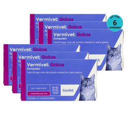 Vermífugo Para Gatos Vermivet 300Mg C/ 4 Comprimidos Kit C/ 6 Caixas